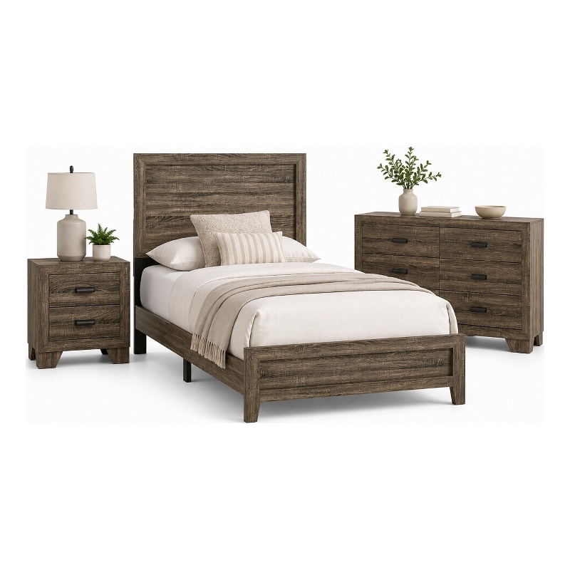 Full Bedroom Set- Brown Wood- 3 Piece Set with Nightstand and Dresser