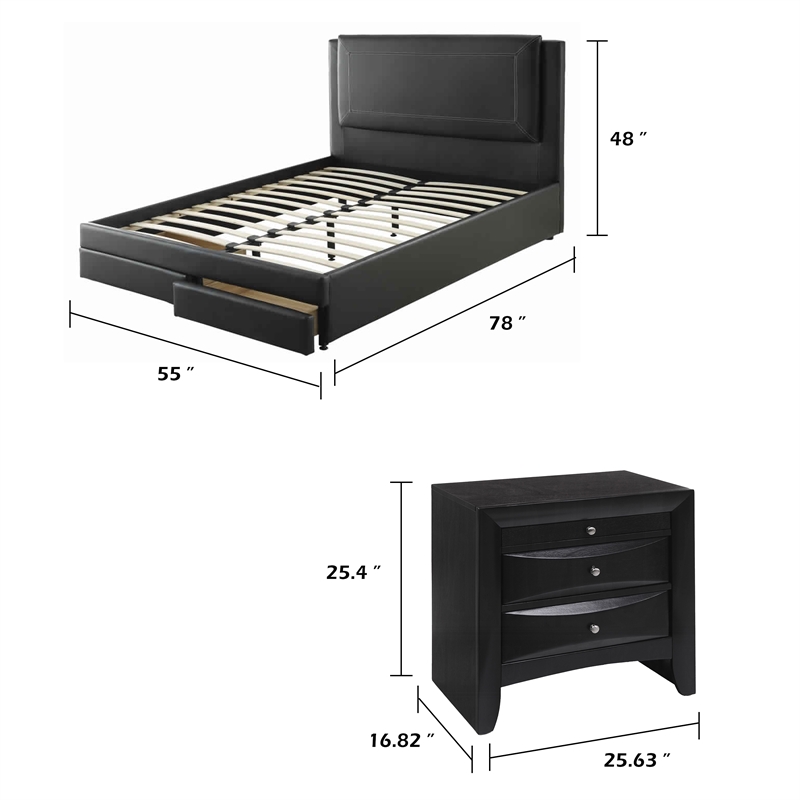 Queen Bedroom Set- Black Wood- 3 Piece Set with 2 Nightstands