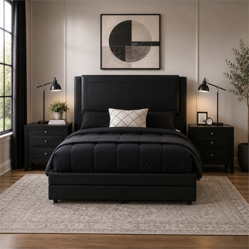 Queen Bedroom Set- Black Wood- 3 Piece Set with 2 Nightstands