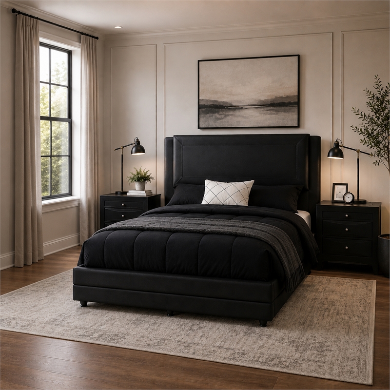 Queen Bedroom Set- Black Wood- 3 Piece Set with 2 Nightstands