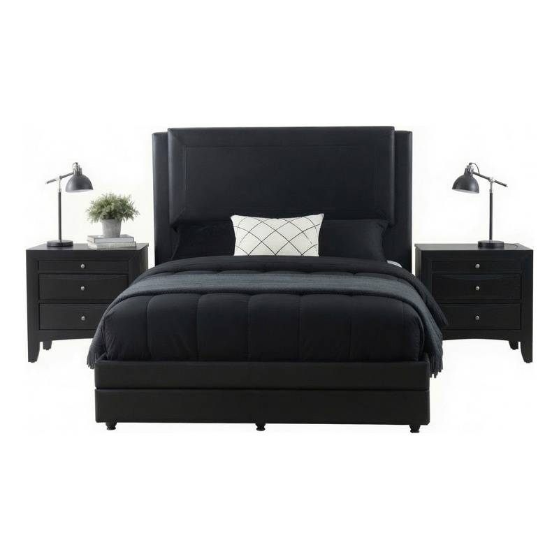 Queen Bedroom Set- Black Wood- 3 Piece Set with 2 Nightstands