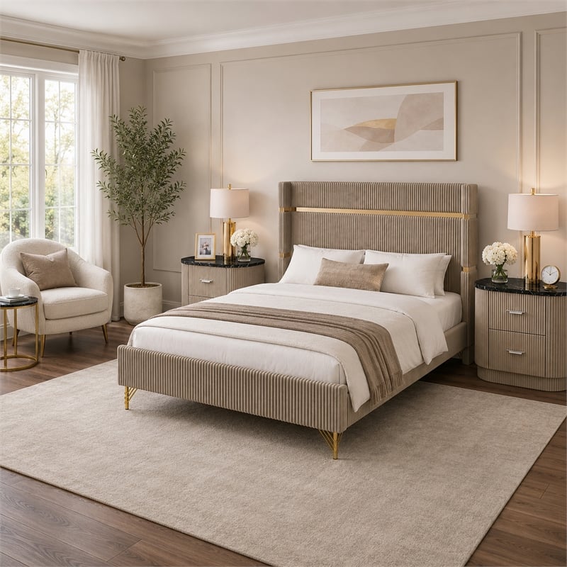 Queen Bedroom Set- Gold-Black- Silver Wood- 3 Piece Set with 2 Nightstands
