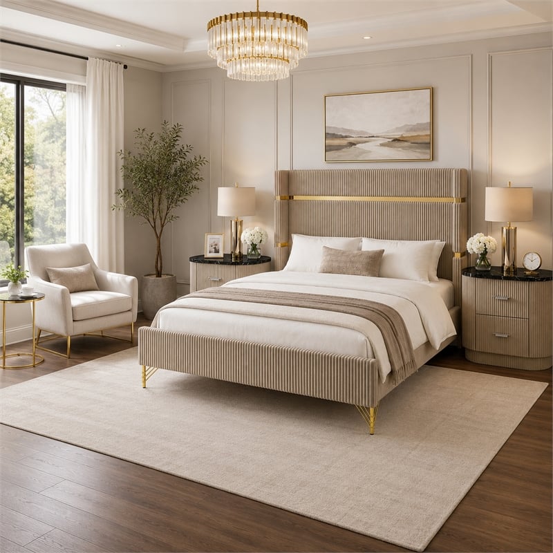 Queen Bedroom Set- Gold-Black- Silver Wood- 3 Piece Set with 2 Nightstands