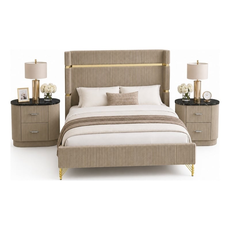 Queen Bedroom Set- Gold-Black- Silver Wood- 3 Piece Set with 2 Nightstands