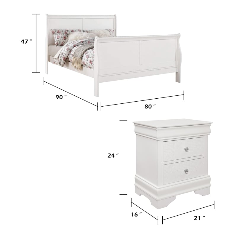 King Bedroom Set- White Wood- 3 Piece Set with 2 Nightstands