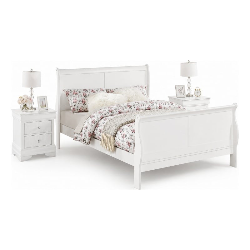 King Bedroom Set- White Wood- 3 Piece Set with 2 Nightstands