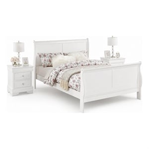 King Bedroom Set- White Wood- 3 Piece Set with 2 Nightstands