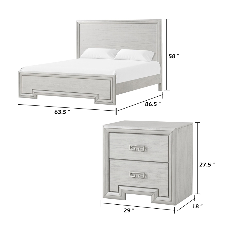 Queen Bedroom Set- White- Nickel Wood- 2 Piece Set with Nightstand