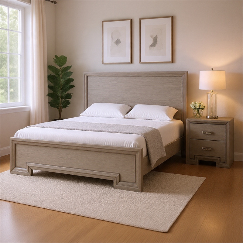 Queen Bedroom Set- White- Nickel Wood- 2 Piece Set with Nightstand