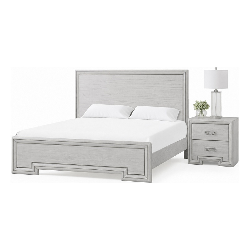 Queen Bedroom Set- White- Nickel Wood- 2 Piece Set with Nightstand