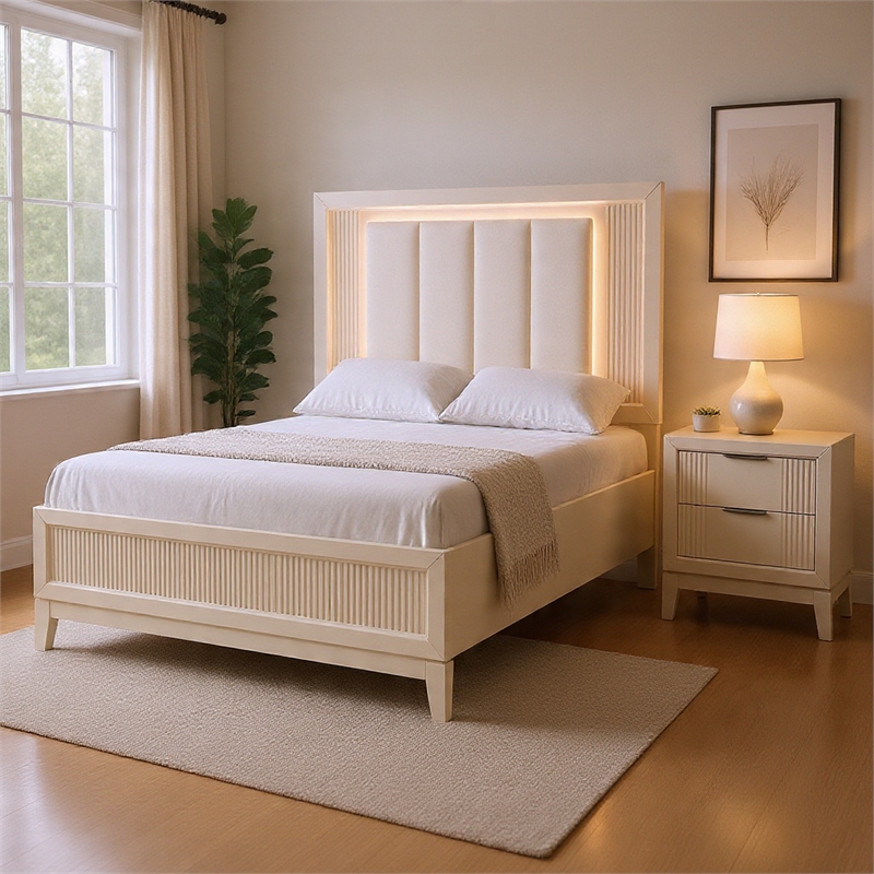 Queen Bedroom Set- White- Chrome Wood- 2 Piece Set with Nightstand