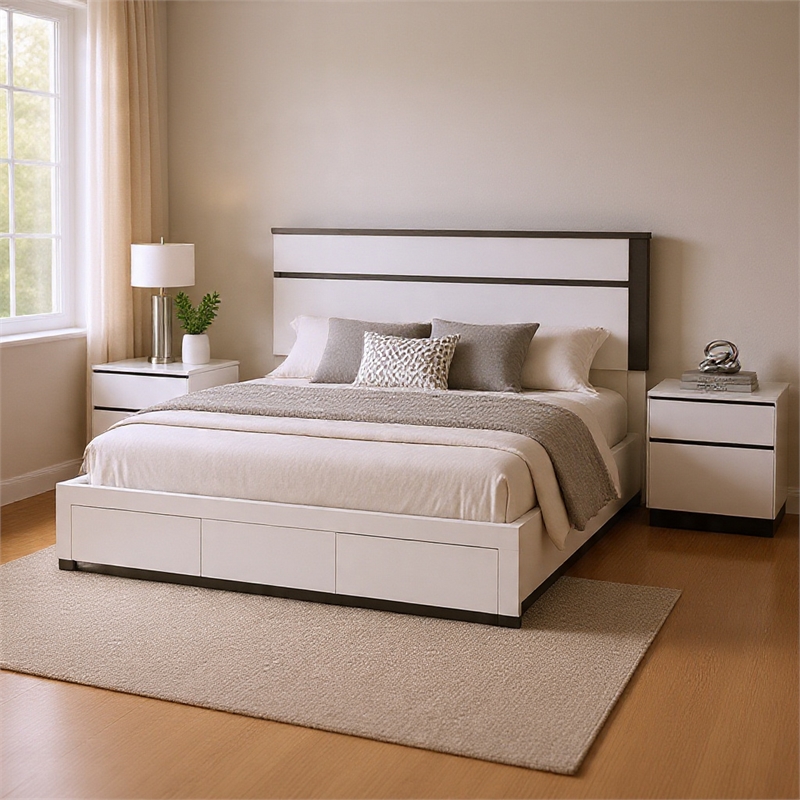 Queen Bedroom Set- White- Metallic Gray Wood- 3 Piece Set with 2 Nightstands