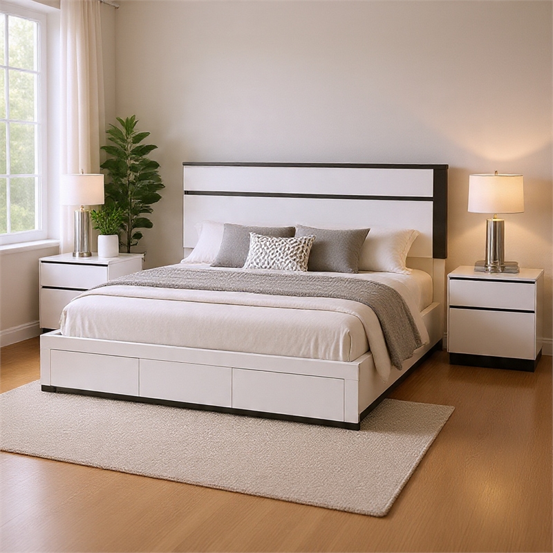 Queen Bedroom Set- White- Metallic Gray Wood- 3 Piece Set with 2 Nightstands