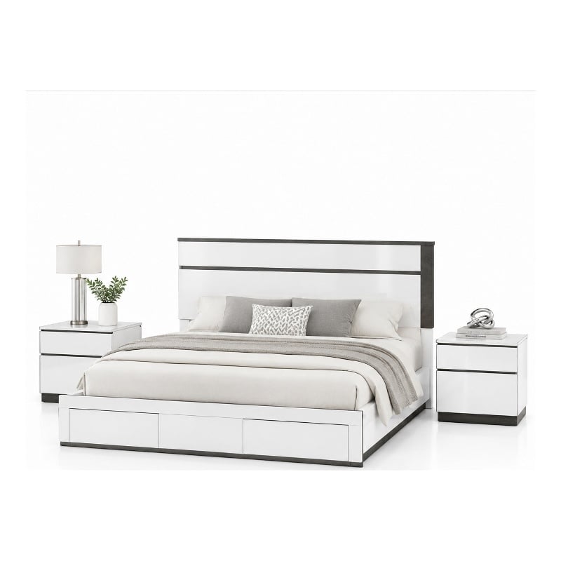 Queen Bedroom Set- White- Metallic Gray Wood- 3 Piece Set with 2 Nightstands