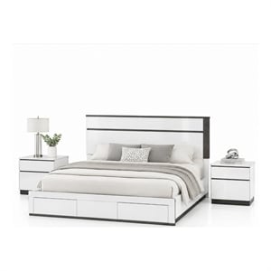 Queen Bedroom Set- White- Metallic Gray Wood- 3 Piece Set with 2 Nightstands