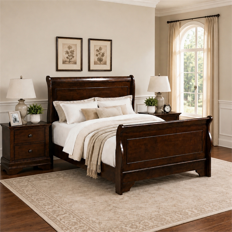 Queen Bedroom Set- Brown Wood- 3 Piece Set with 2 Nightstands