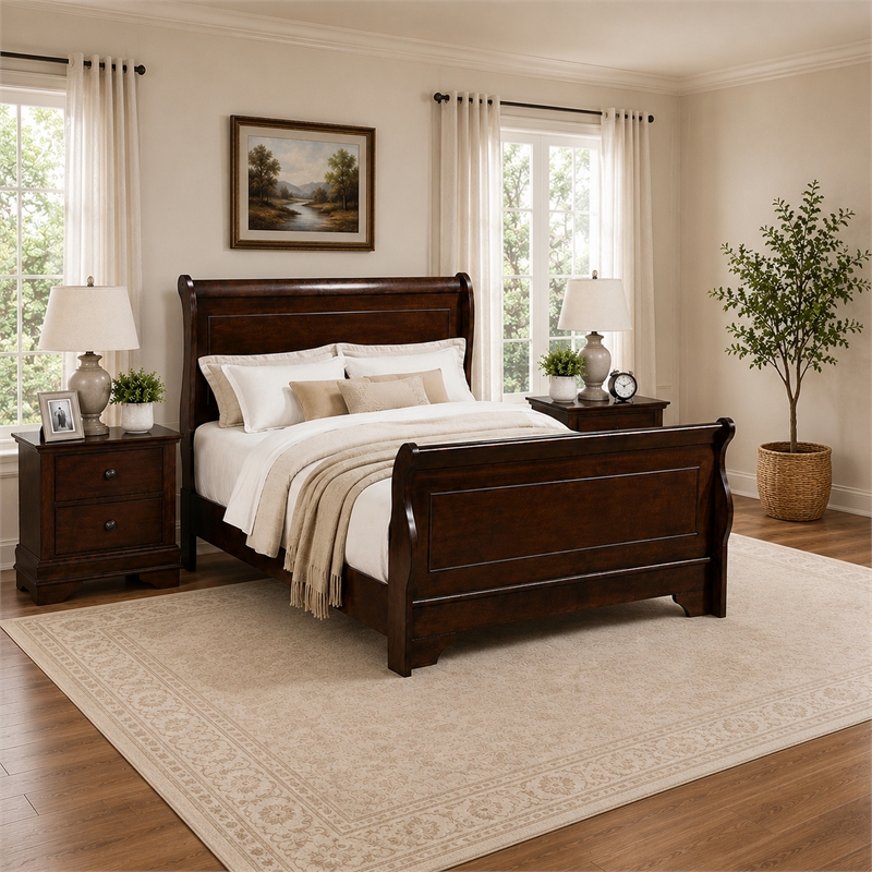 Queen Bedroom Set- Brown Wood- 3 Piece Set with 2 Nightstands
