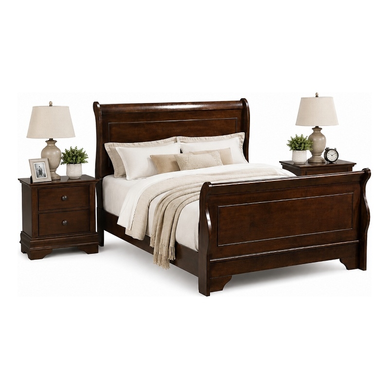 Queen Bedroom Set- Brown Wood- 3 Piece Set with 2 Nightstands