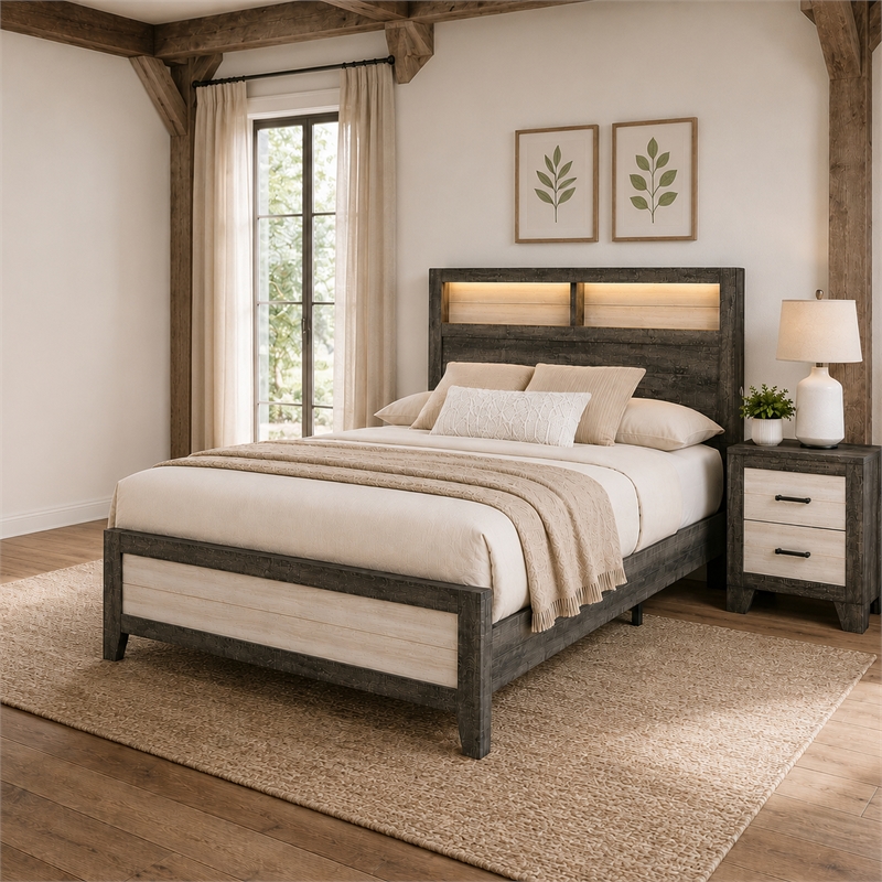 Queen Bedroom Set- Gray- White- Light Ash- Black Wood- 2 Piece Set w Nightstand