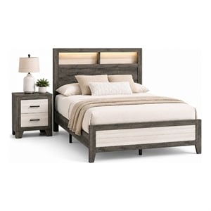 Queen Bedroom Set- Gray- White- Light Ash- Black Wood- 2 Piece Set w Nightstand