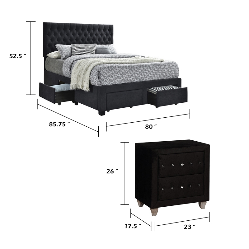 King Bedroom Set- Black Wood- 3 Piece Set with 2 Nightstands