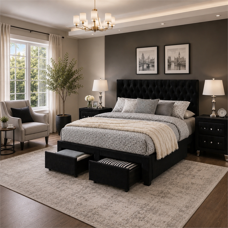 King Bedroom Set- Black Wood- 3 Piece Set with 2 Nightstands