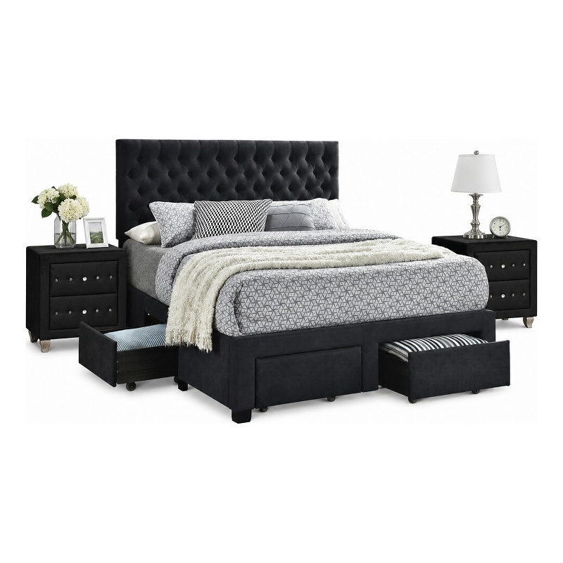 King Bedroom Set- Black Wood- 3 Piece Set with 2 Nightstands