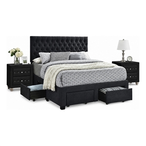 King Bedroom Set- Black Wood- 3 Piece Set with 2 Nightstands