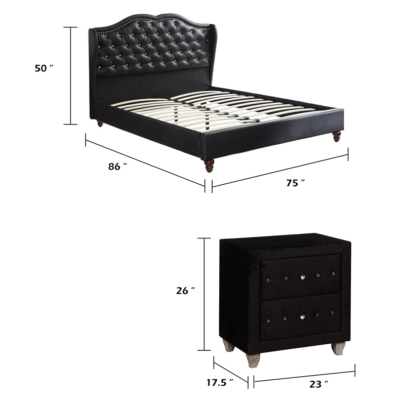 King Bedroom Set- Black Wood- 3 Piece Set with 2 Nightstands