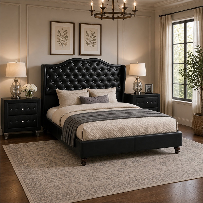 King Bedroom Set- Black Wood- 3 Piece Set with 2 Nightstands
