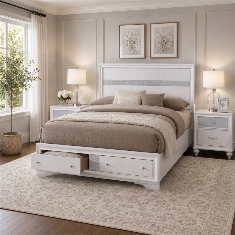 King Bedroom Set- White Wood- 3 Piece Set with 2 Nightstands