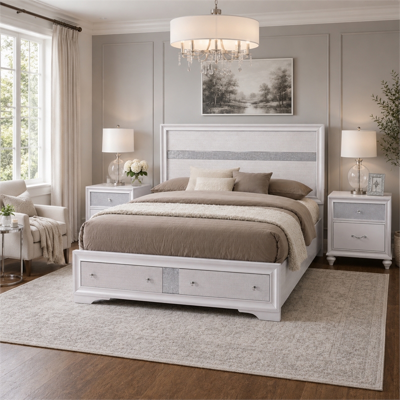 King Bedroom Set- White Wood- 3 Piece Set with 2 Nightstands