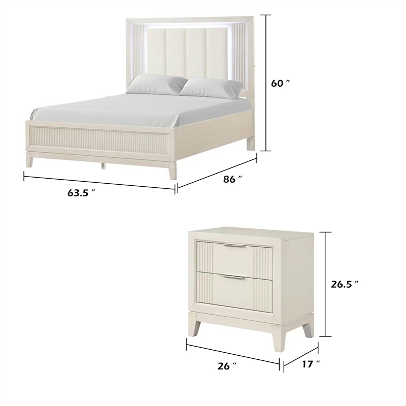 Queen Bedroom Set- White- Chrome Wood- 3 Piece Set with 2 Nightstands