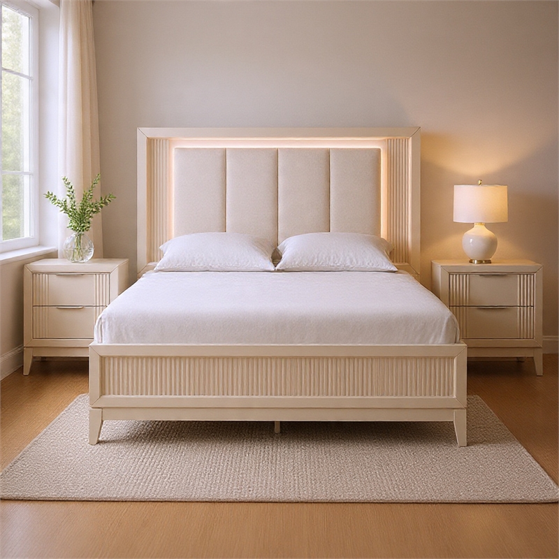Queen Bedroom Set- White- Chrome Wood- 3 Piece Set with 2 Nightstands