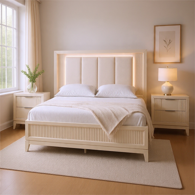 Queen Bedroom Set- White- Chrome Wood- 3 Piece Set with 2 Nightstands