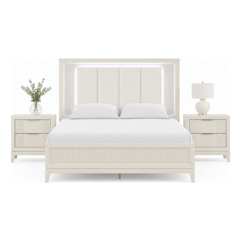 Queen Bedroom Set- White- Chrome Wood- 3 Piece Set with 2 Nightstands