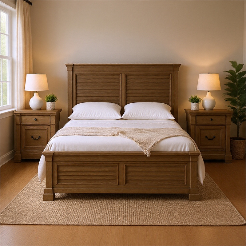 Queen Bedroom Set- Gray- Dark Bronze Wood- 3 Piece Set with 2 Nightstands