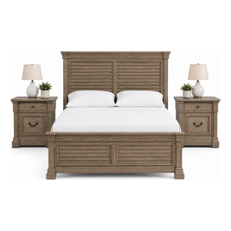Queen Bedroom Set- Gray- Dark Bronze Wood- 3 Piece Set with 2 Nightstands