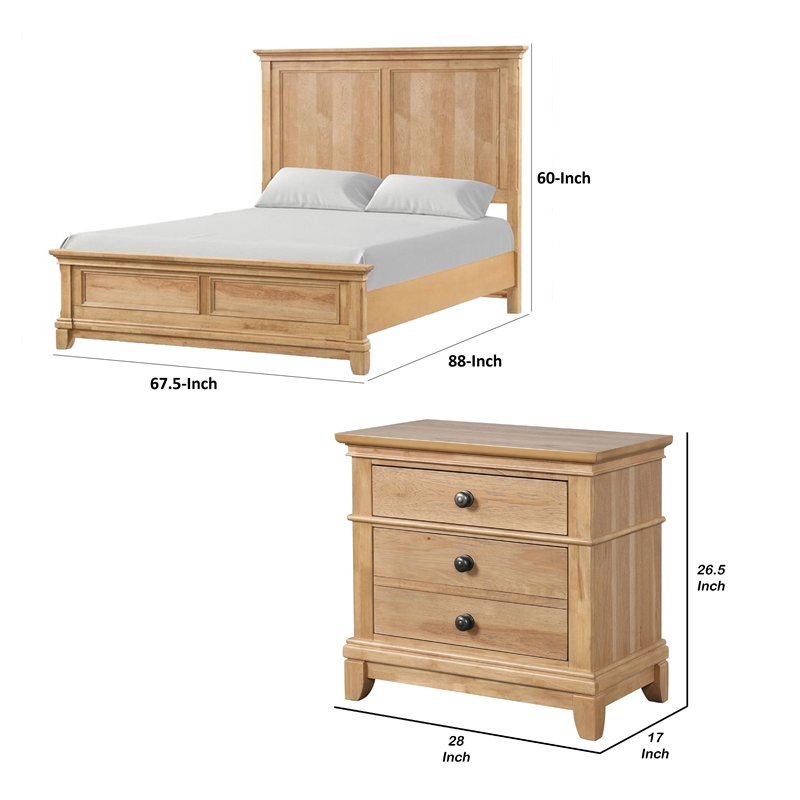 Queen Bedroom Set- Natural Oak Brown Wood- 2 Piece Set with Nightstand