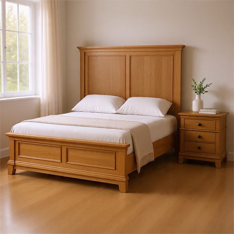Queen Bedroom Set- Natural Oak Brown Wood- 2 Piece Set with Nightstand