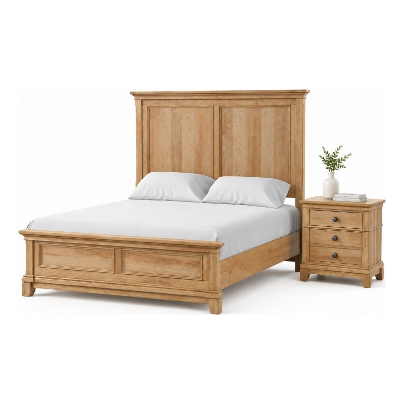 Queen Bedroom Set- Natural Oak Brown Wood- 2 Piece Set with Nightstand
