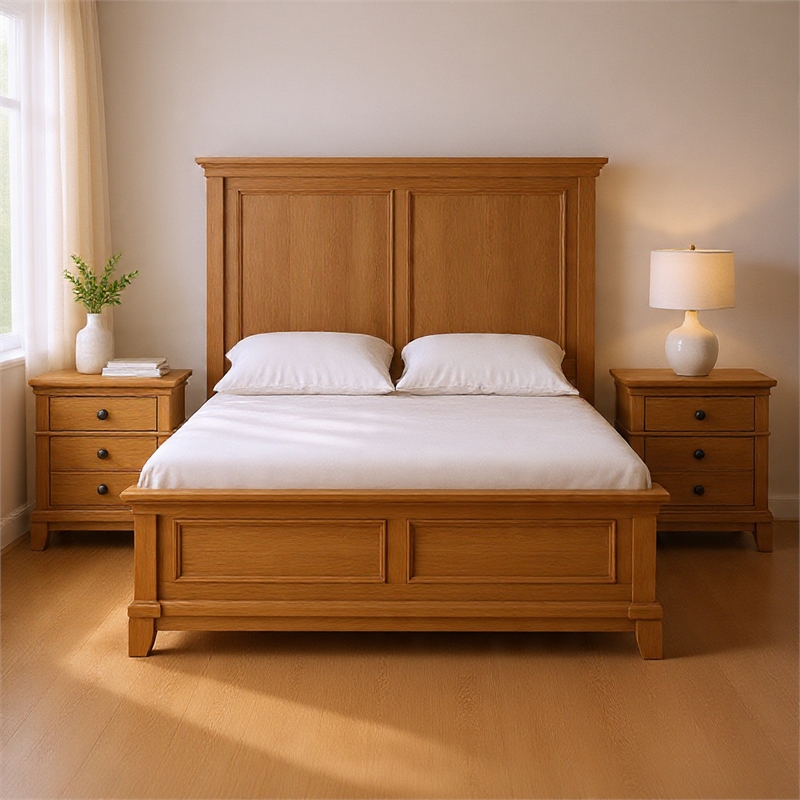Queen Bedroom Set- Natural Oak Brown Wood- 3 Piece Set with 2 Nightstands