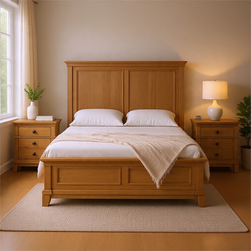 Queen Bedroom Set- Natural Oak Brown Wood- 3 Piece Set with 2 Nightstands