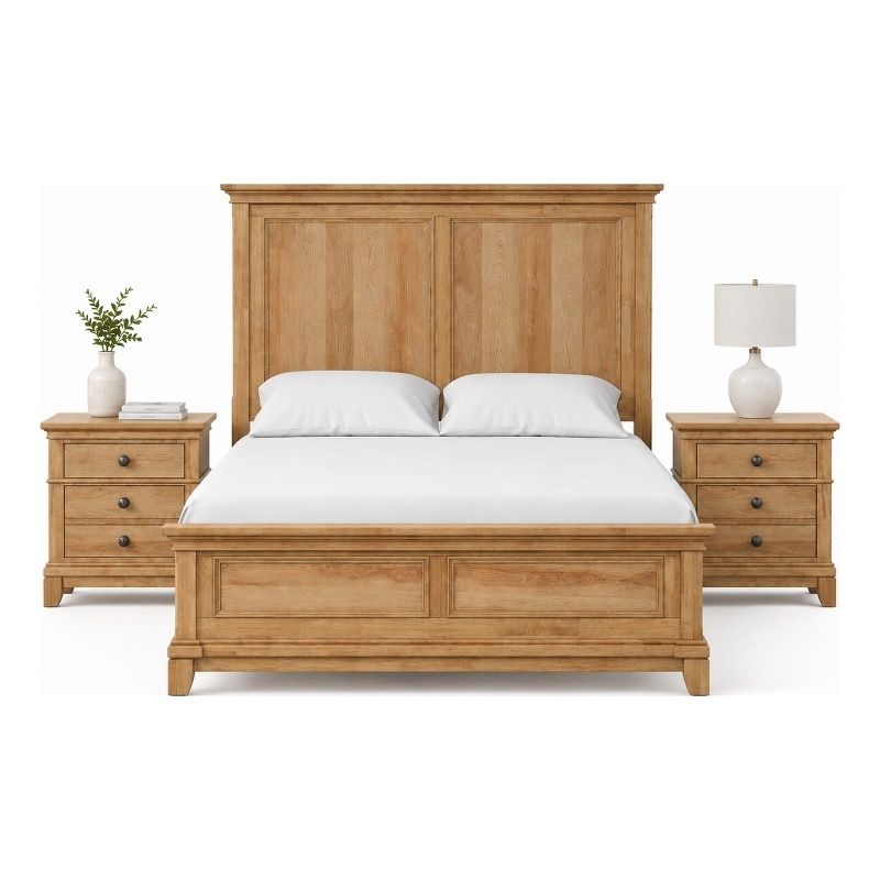 Queen Bedroom Set- Natural Oak Brown Wood- 3 Piece Set with 2 Nightstands