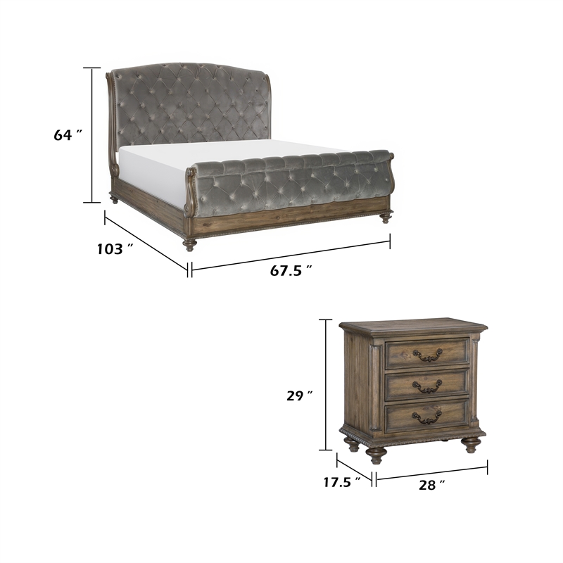 Queen Bedroom Set- Gray- Brown Wood- 3 Piece Set with 2 Nightstands