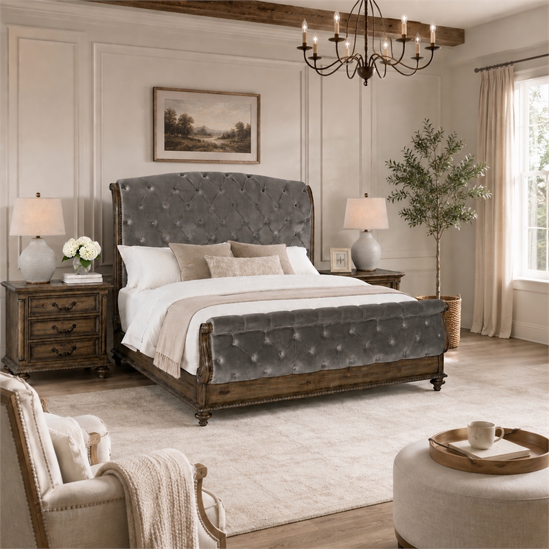 Queen Bedroom Set- Gray- Brown Wood- 3 Piece Set with 2 Nightstands