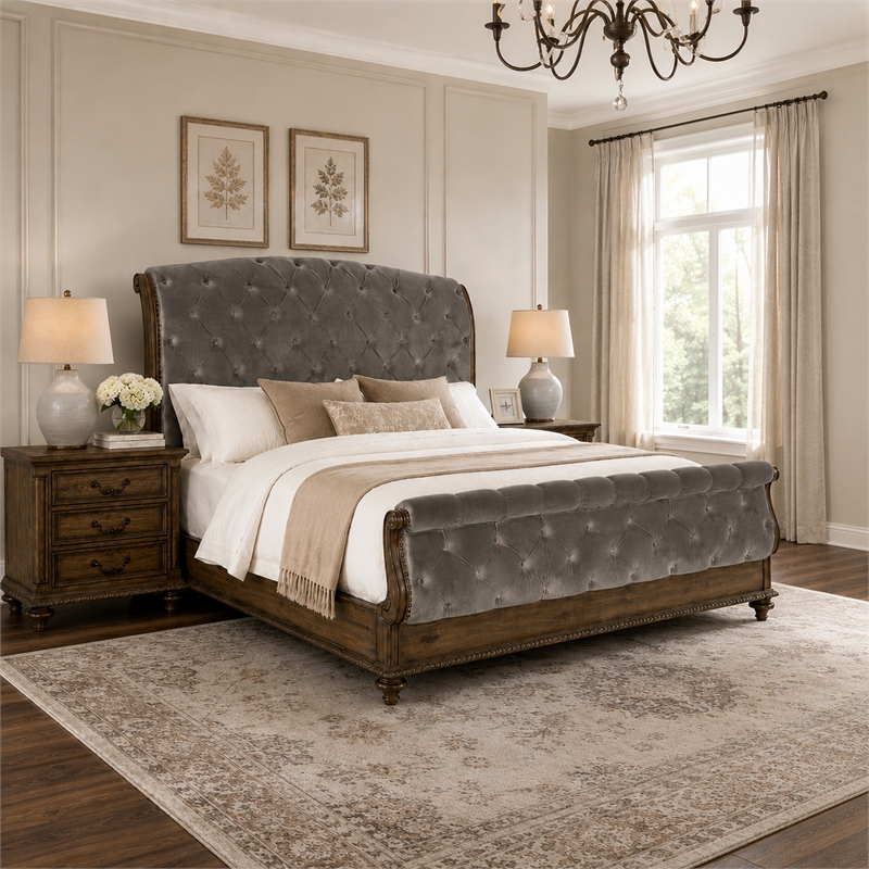 Queen Bedroom Set- Gray- Brown Wood- 3 Piece Set with 2 Nightstands