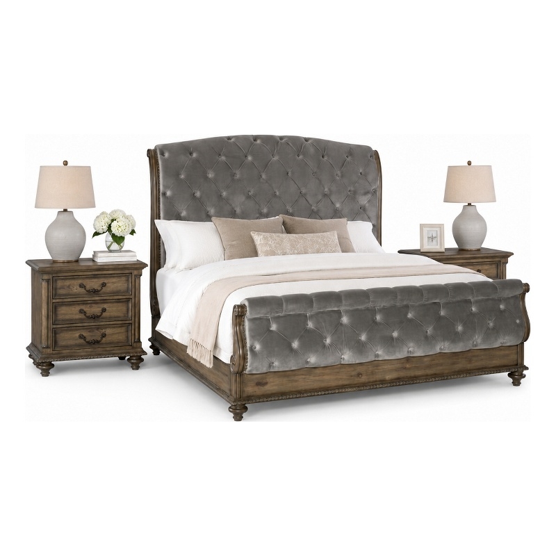 Queen Bedroom Set- Gray- Brown Wood- 3 Piece Set with 2 Nightstands