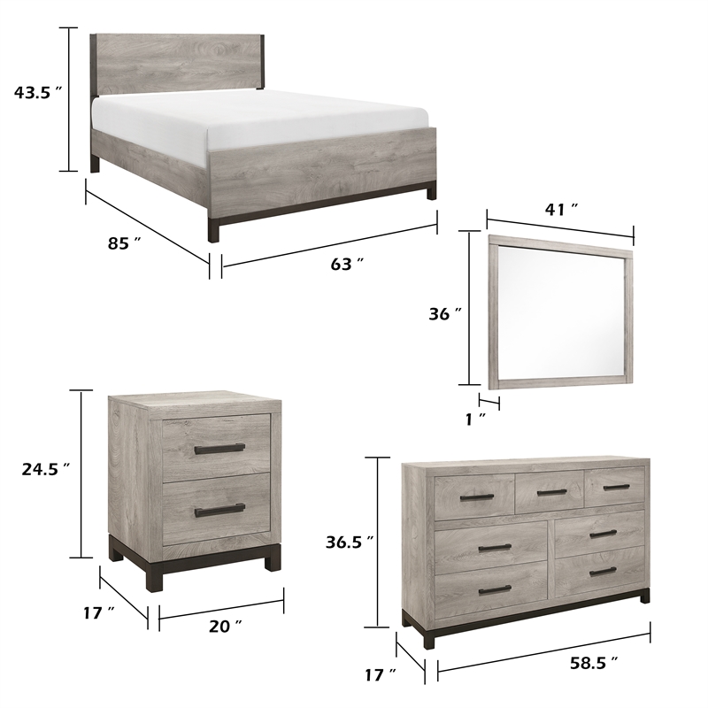 Queen Bedroom Set- Gray Wood- 5 Piece Set with 2 Nightstands- Dresser- Mirror