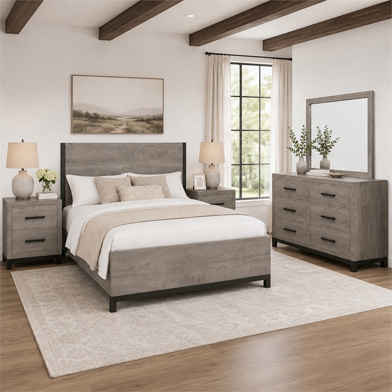 Queen Bedroom Set- Gray Wood- 5 Piece Set with 2 Nightstands- Dresser- Mirror